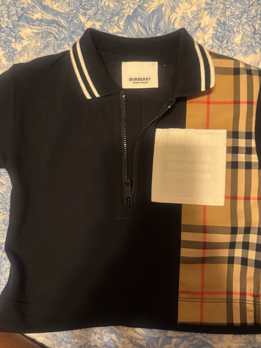 Burberry Black Polo Zip Top with Signature Beige Check Panel